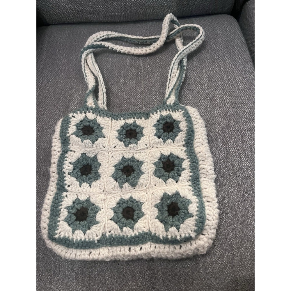 Handmade Crochet Tote Bag for Women Granny Square Knit Shoulder Bag Green White